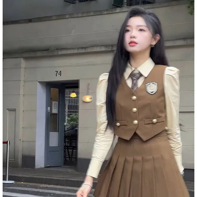 2024 england style uniform jk set suit autumn new suit waistcoat long sleeve shirt pleated skirt fashion three-piece women w753