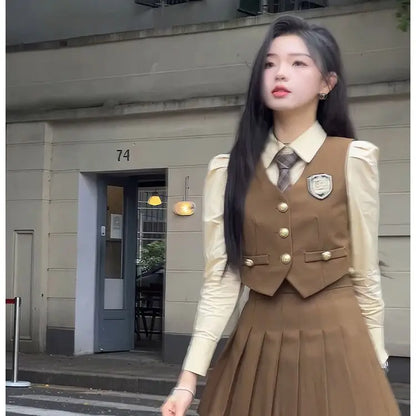 2024 england style uniform jk set suit autumn new suit waistcoat long sleeve shirt pleated skirt fashion three-piece women w753