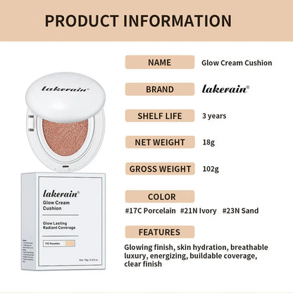 Dewy Glow Cream Cushion Foundation Hydrating 24H Long Lasting Moisturizer Natural Light Coverage Radiant Skin Finish Daily Portable Face Makeup Cosmetic