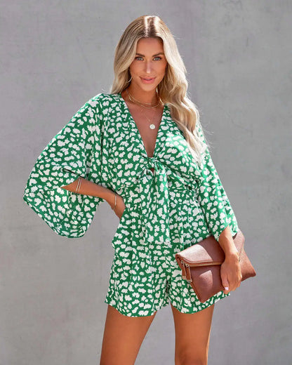 Summer Print Jumpsuit Women Rompers Sexy V Neck Short Sleeves High Waisted Wide Leg Shorts Trousers Casual Loose Jumpsuit Y2k