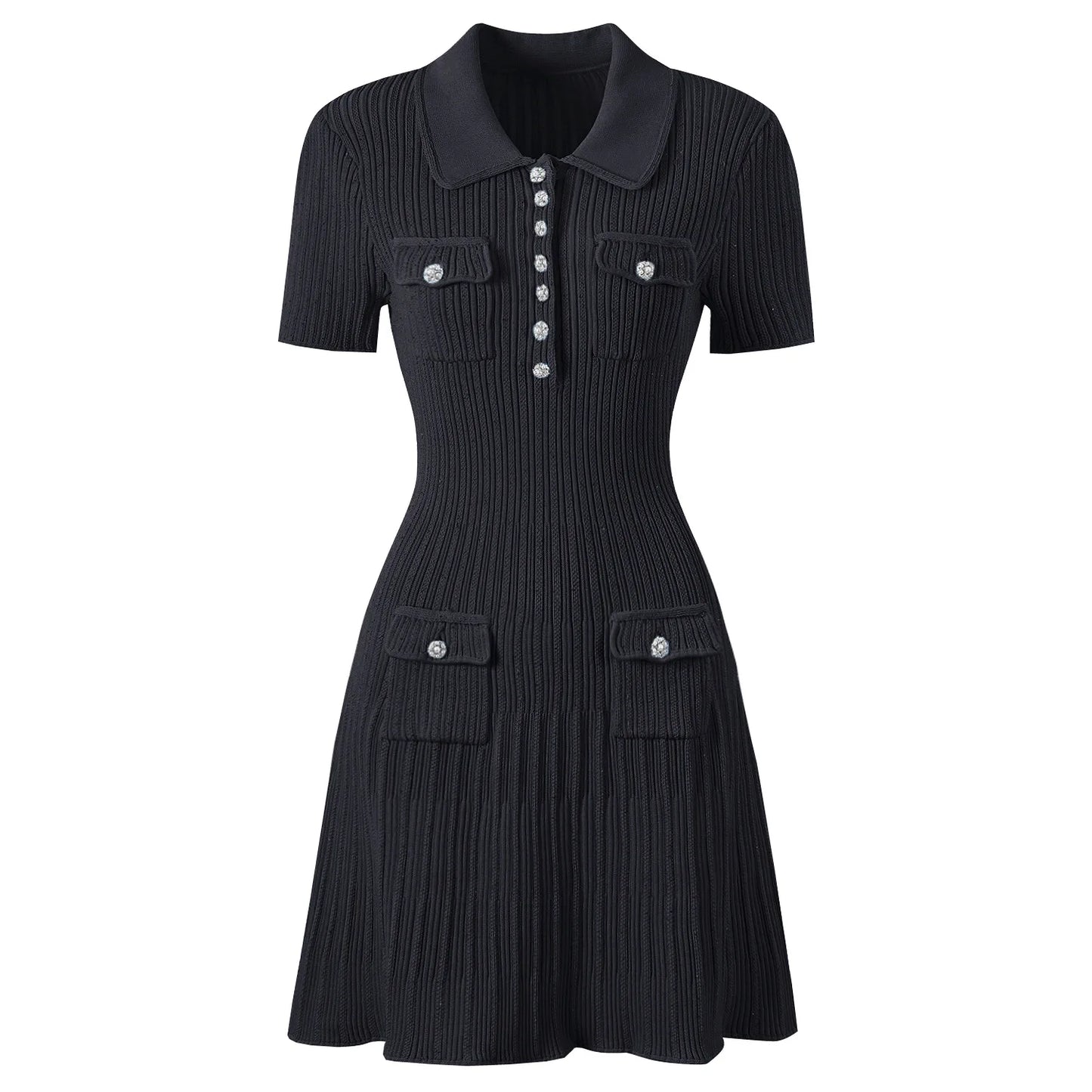 ZJYT Runway 2025 Women's Fashion Summer Knitted Sweater Dress Designer Turn-Down Collar Mini Party Dress Blue White Vestidos