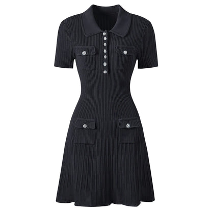 ZJYT Runway 2025 Women's Fashion Summer Knitted Sweater Dress Designer Turn-Down Collar Mini Party Dress Blue White Vestidos
