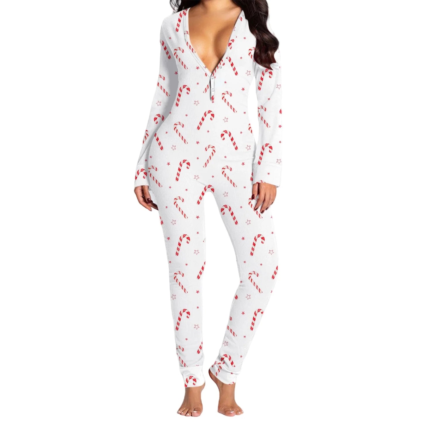 Christmas Women's Jumpsuit Pajamas Long Sleeve V Neck Themed Print Bodysuit Sleepwear with Drop Seat Butt Flap