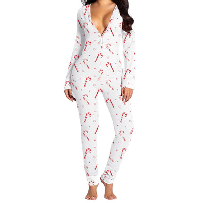 Christmas Women's Jumpsuit Pajamas Long Sleeve V Neck Themed Print Bodysuit Sleepwear with Drop Seat Butt Flap