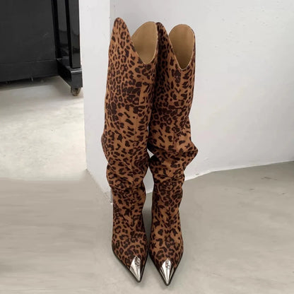 ZAROY Punk Metal Pointed Toe Knee High Boots Women Winter Retro Leopard Print Square Low Heels Pleated Western Cowboy Long Botas