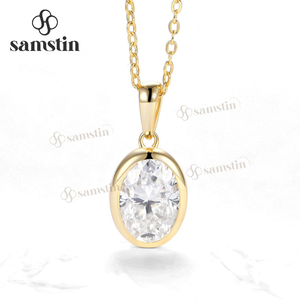 Samstin 2.5CT Oval Moissanite Necklace for Women Solid 14K 10K Yellow Gold Engagement Necklace for Anniversary Christmas Gifts