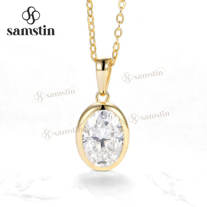 Samstin 2.5CT Oval Moissanite Necklace for Women Solid 14K 10K Yellow Gold Engagement Necklace for Anniversary Christmas Gifts