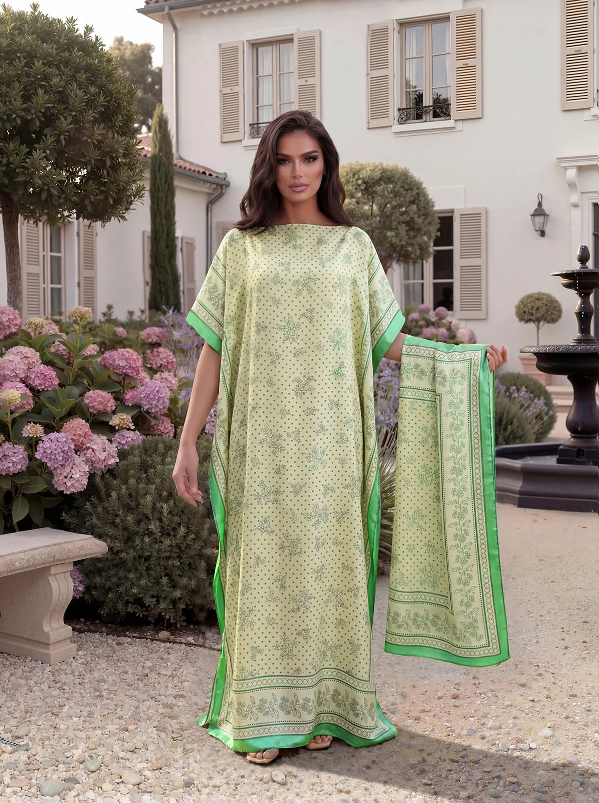 Boho Floral Polka Dot Print Satin Abaya Scarf Set, Loose Batwing Maxi Kaftan For Muslim Women Summer Beach Daily Holiday Wear