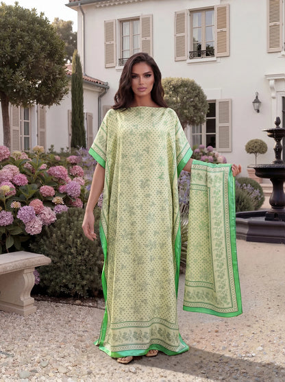 Boho Floral Polka Dot Print Satin Abaya Scarf Set, Loose Batwing Maxi Kaftan For Muslim Women Summer Beach Daily Holiday Wear