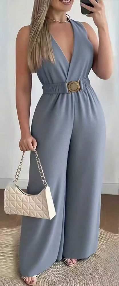Fashion Elegant High Waist Jumpsuit Women 2026 New Summer V-neck Sleeveless Solid color Wide Leg Pants Romper Jumpsuits Overalls