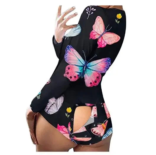 Adult Long Sleeve Pajamas Button Flip Cover Women's 1Piece Loungewear Butt Button Back Flap Jumpsuit Sleepwear Romper Home Wear