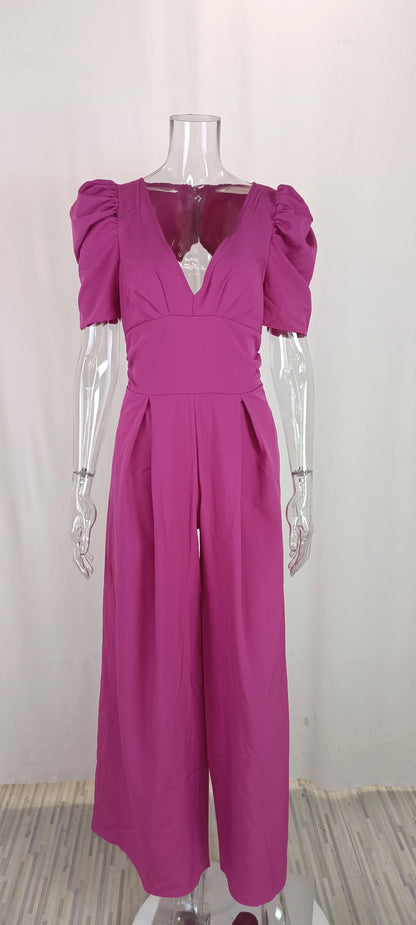 Summer Women's Slim Short Puff Sleeve V-neck Wide Leg Long Jumpsuit Elegant High Waist Ruched  Pocketed Solid color jumpsuits