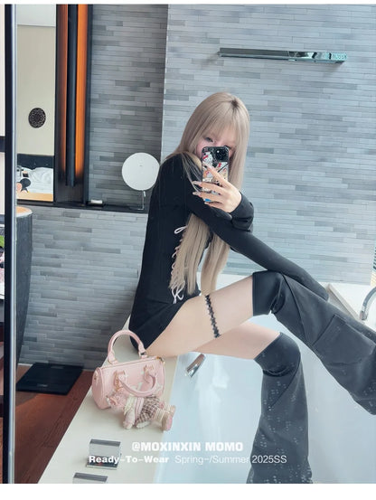 Pure Desire American Long Sleeved T-shirt Jumpsuit Slim Fit Letter Spicy Girl Sexy Sports Fitness Yoga Cycling Jumpsuit Shorts