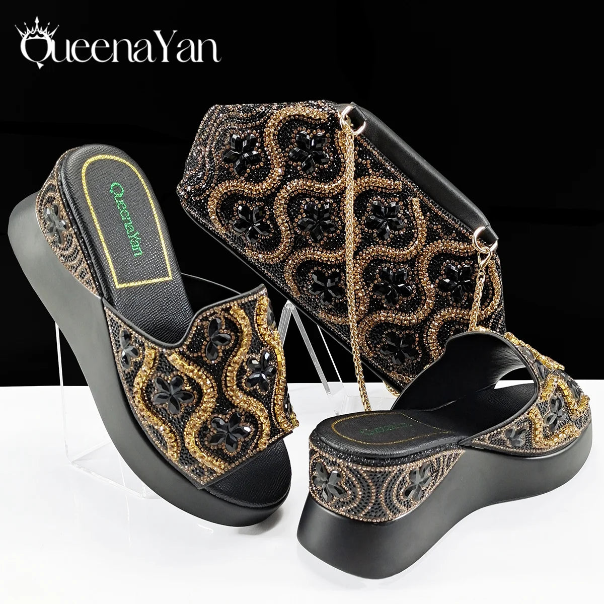 Queena Yan High Quality 2025 Newst Hot Selling Open Toe Slingback Sandals with Bag Set in Green Color For Women Wedding Party