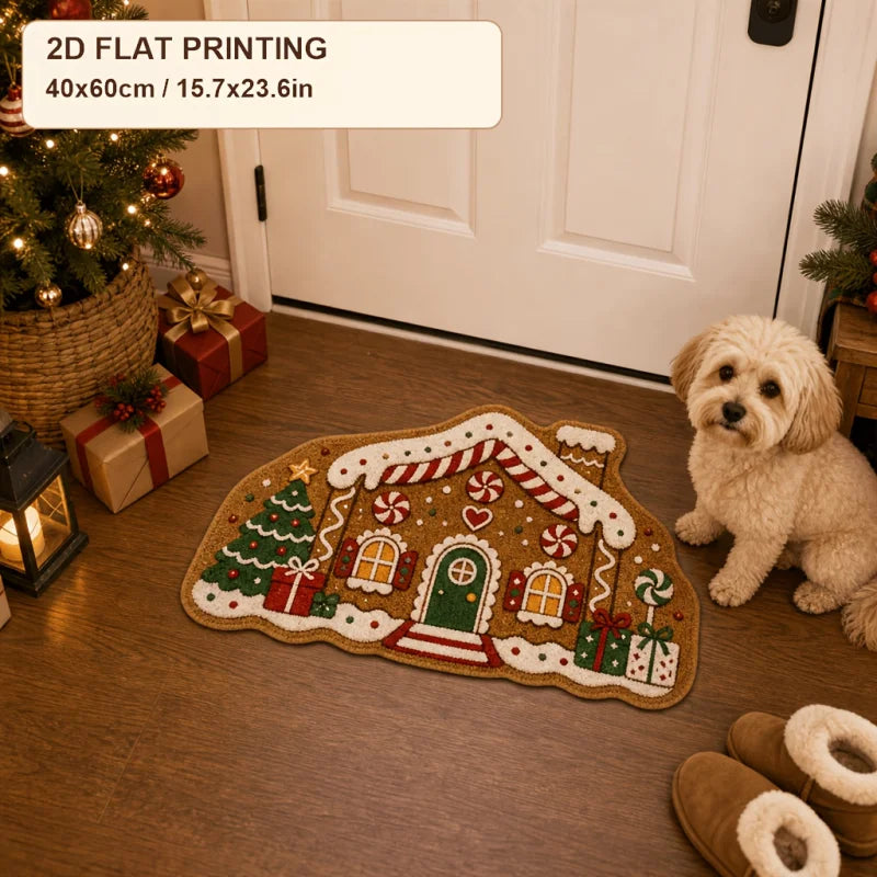 VIKAMA Xmas Holiday Cute Gingerbread House Irregular Rug Comfortable Floor Mat for Entryway Porch Xmas Home Decoration
