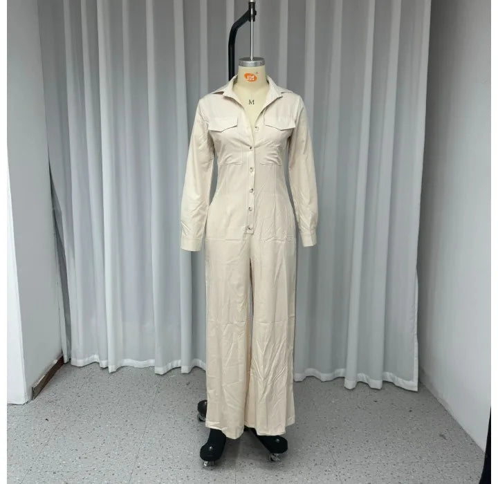 Jumpsuit Women 2024 Autumn Commuting Fashion Turn-Down Collar Long Sleeve Pocket Design Casual Jumpsuits New Female One Pieces