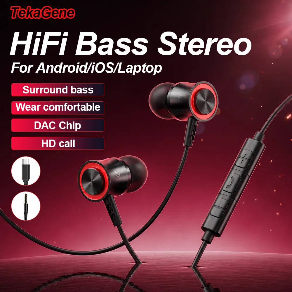New Wired Headphones HiFi Surround Earphone Type C 3.5mm With Wire Control HD Mic Wired Earbuds For Samsung Galaxy S26 S25 S24