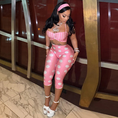 Polka Print Neck Strap, Tight Fitting Cropped Pants, Three Piece Headband Set