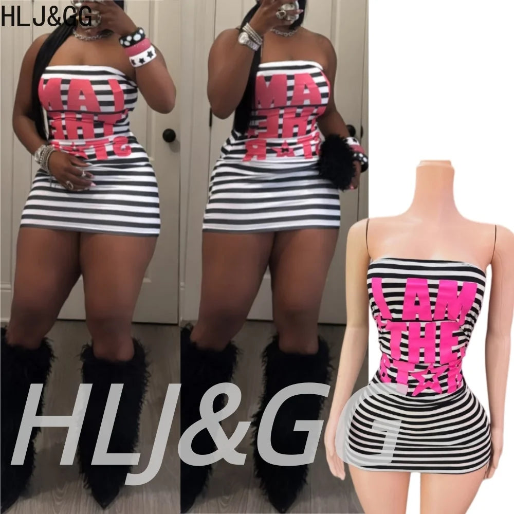 HLJ&GG Trend Sexy Stripes Letter Print Bodycon Mini Tube Dresses Women Off Shoulder Backless Slim Vestidos Fashion Streetwear