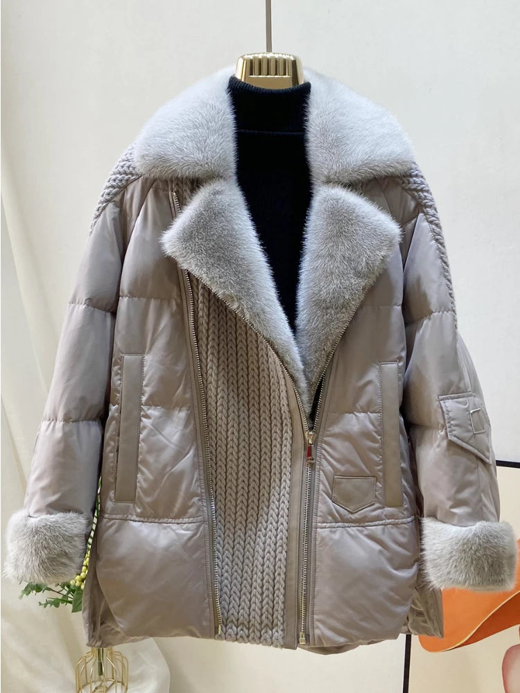 OFTBUY Fashion Autumn Winter Real Mink Fur Coat Women Natural White Goose Feather Down Jacket Luxury Outerwear Loose Streetwear
