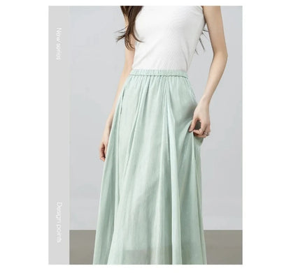 SENTUBILA Women's Summer Skirt 2026 Elegant Elastic Waist Sheen Flowy A Line Long Skirt for Woman Ladies Clothes 162QG4909