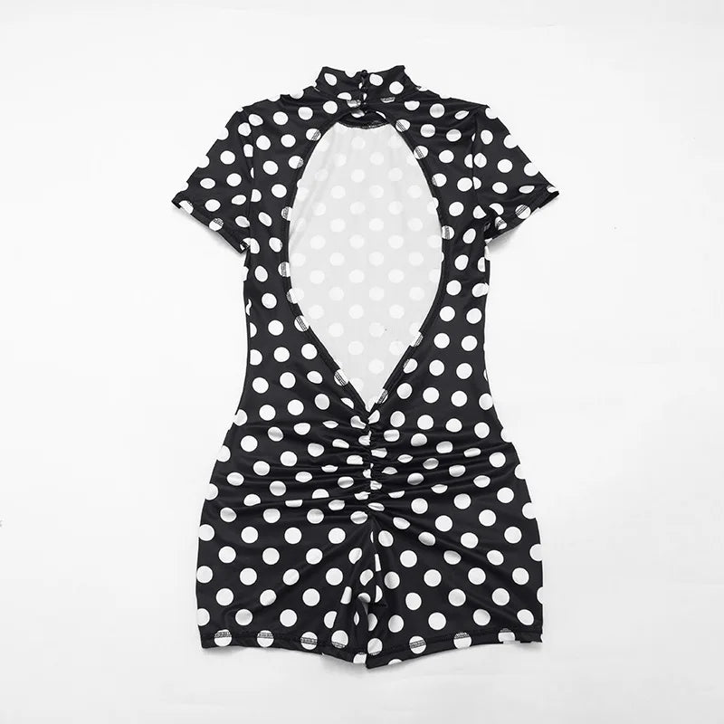 FAGADOER Retro Big Polka Dot Bodycon Rompers Women Short-sleeve Back Hollow Out Ruched Jumpsuits Streetwear Party Club Playsuits
