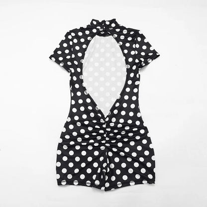 FAGADOER Retro Big Polka Dot Bodycon Rompers Women Short-sleeve Back Hollow Out Ruched Jumpsuits Streetwear Party Club Playsuits