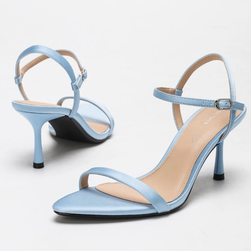 Elegant Heeled Sandals Women Luxury Satin Narrow Strap Design Ankle Strap Heels Sexy Pointed Toe Evening Designer Shoes Ladies