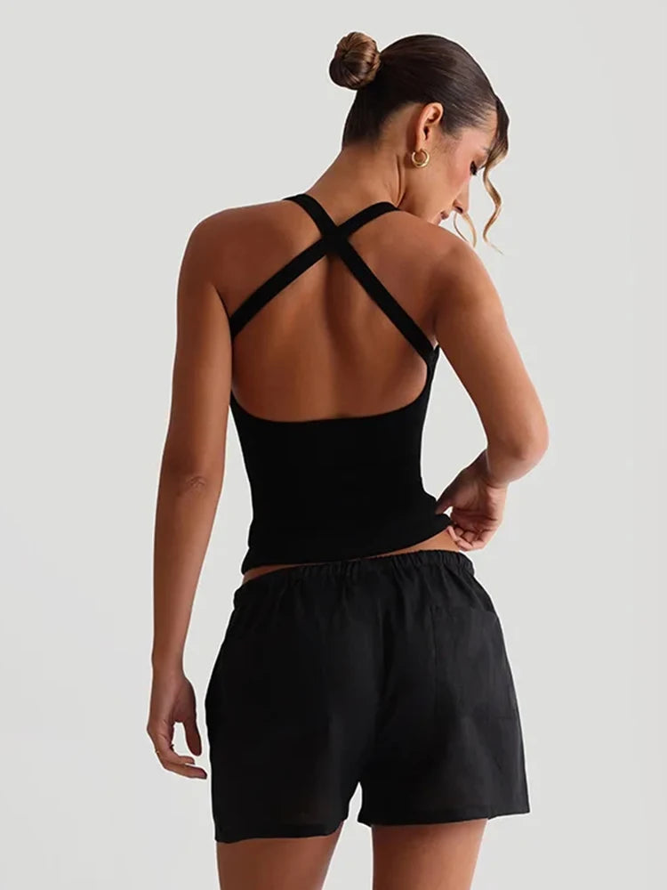 Low-Neck Vest Women Cross Shoulder Strap Solid Skinny Stretch Sexy Midnight Hottie Beach Party Sporty Basis Tops
