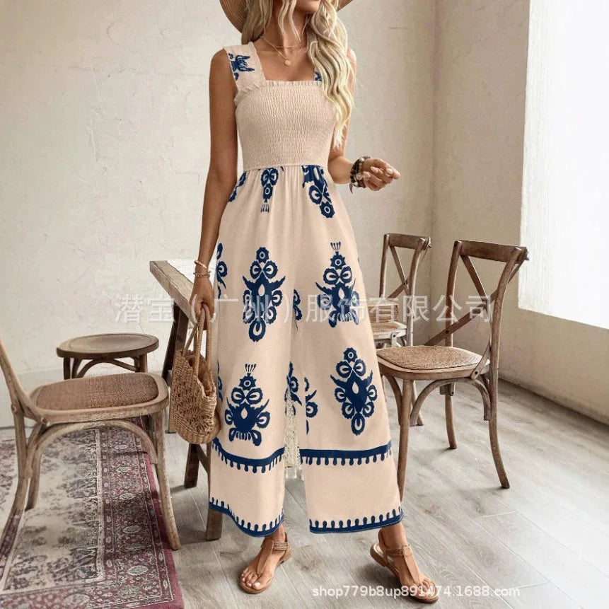 Jumpsuit Jumpsuits Print Smocked Waist Wide Strap Spring Summer Playsuit Overall