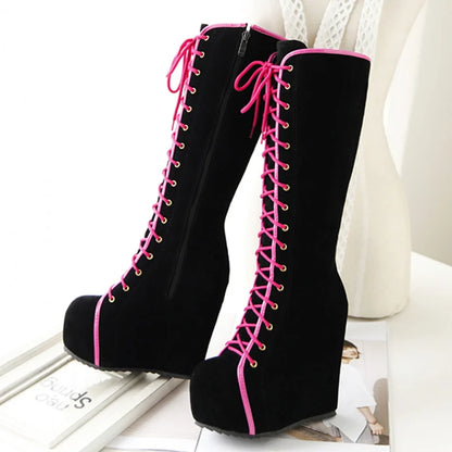 Fashion Knee High Boots Women Platform Sexy Wedge Heels Women's High Boots Lace-up Round Toe Black Dance Shoes For Girls