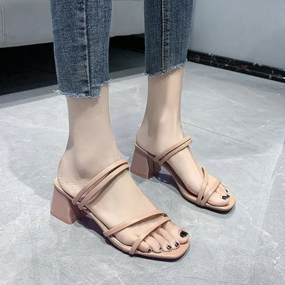 Women Sandals Ladies Square Heels Elegant Summer Slippers Outside Cross Tied Leather Female Slides 2025 Fashion Woman Sandals