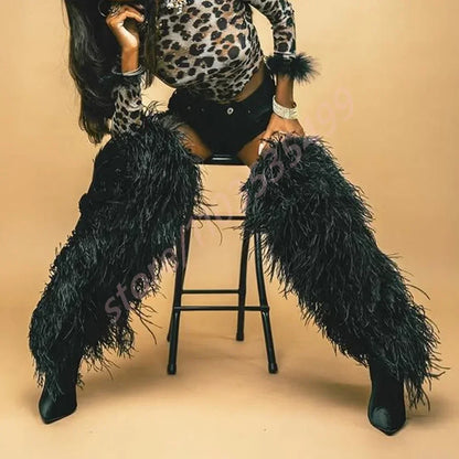 2025 Winter Black Sexy Ladies Catwalk Fur Boots Fashion Street Model Soft Fur Knee-High Stage Boots Pointed Warm Stiletto Boots