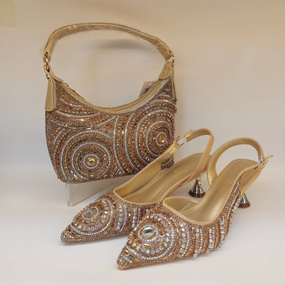 New Elegant Nigerian Women’s Gold Colour Heeled Shoes With Match Rhinestone Handbag Set Italian Design for Parties