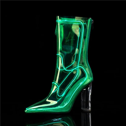 Women Glowing Transparent PVC Ankle Boots Pointed Toe Chunky Clear High Heel Fashion Sexy Dress Party Nightclub Festival Stage