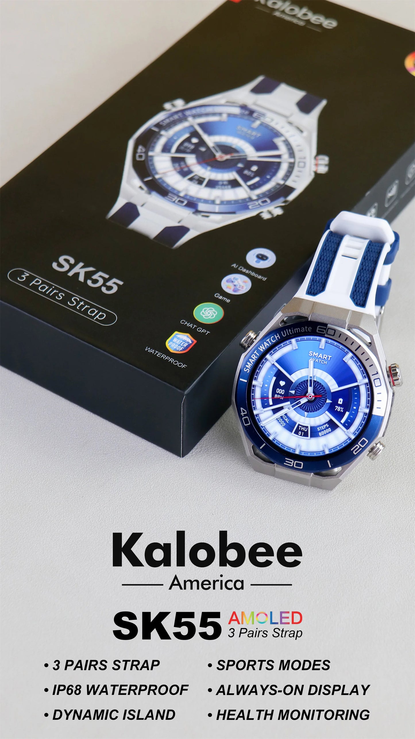Men Smart Watch Amoled HD Screen Outdoor Sport Tracker Health Monitoring LED Flashlight Bluetooth Call AI Voice SK55 Smartwatch