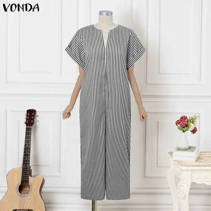 Plus Size VONDA Women Jumpsuits Summer Fashion Short Sleeve Stripe Jumpsuits Wide Leg Pants V Neck OL Party Overalls Playsuits