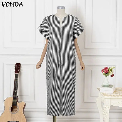 Plus Size VONDA Women Jumpsuits Summer Fashion Short Sleeve Stripe Jumpsuits Wide Leg Pants V Neck OL Party Overalls Playsuits