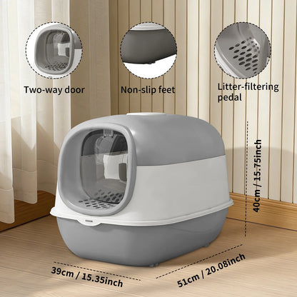 Switchable Open/Semi-Enclosed Cat Litter Box, Extra Large Jumbo Size for Multi-Cat Households, Splash-Proof and Anti-Tracking, Dual-Mode Over-the-Top Litter Pan, Low-Entry for Easy Cleaning，Suitable for cats of different si