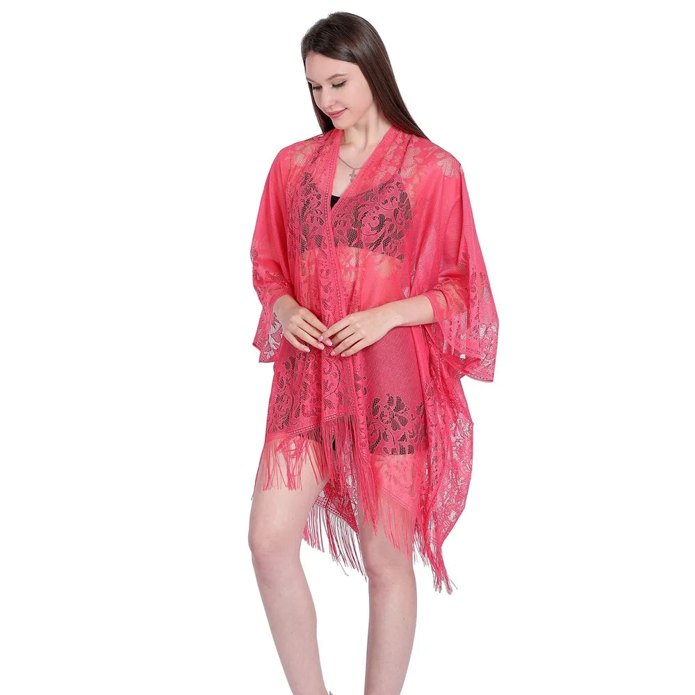 Women Sun Protection Shawl Lady Summer Hollow Out Lace Cardigan Holiday Bikini Blouse Breathable Beach Cape Sexy Long Tippet