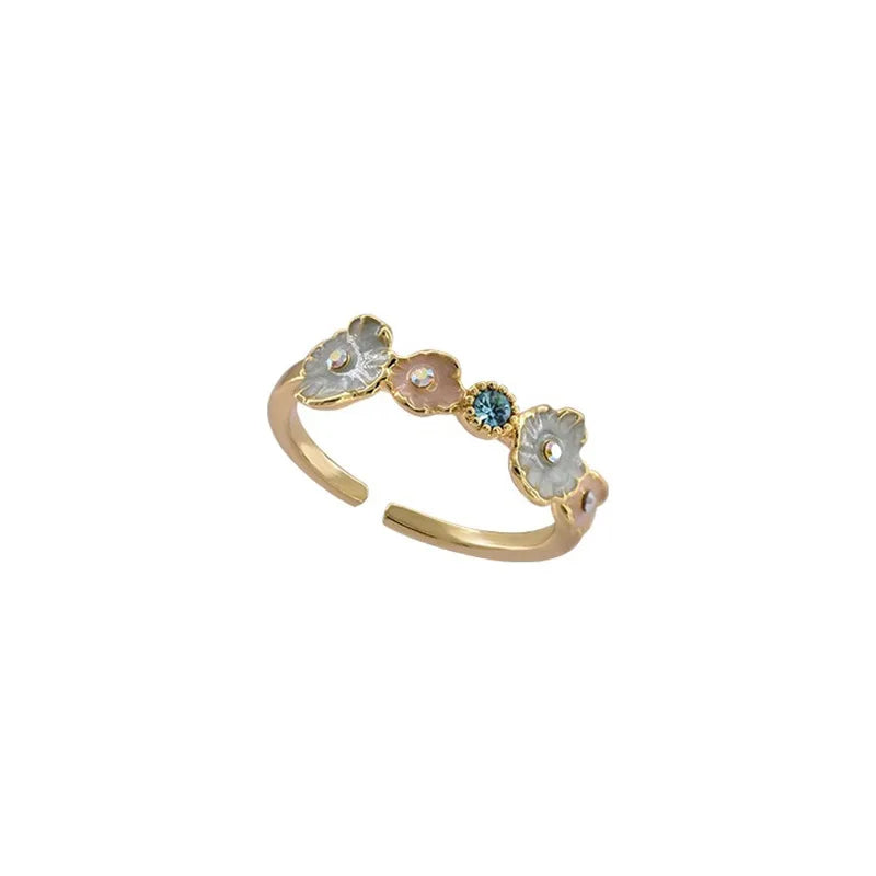 PANJBJ 925 Sterling Silver Golden Flower Rings For Women Drip Glaze Plant Irregular Adjustable Sweet Jewelry Gift Dropshipping
