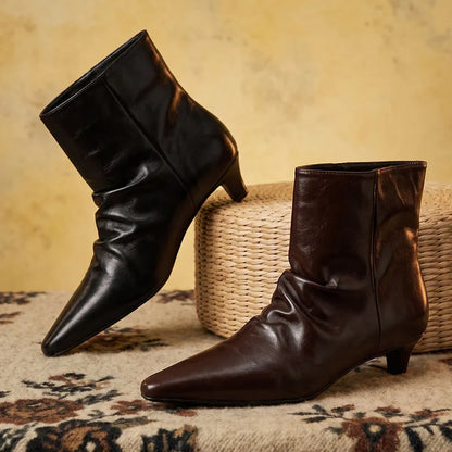 AIYUQI 2026 Women Pointed Toe Ankle Boots Vintage Ruched Kitten Heel Short Boots Elegant Slip On Dress Booties for Daily Party