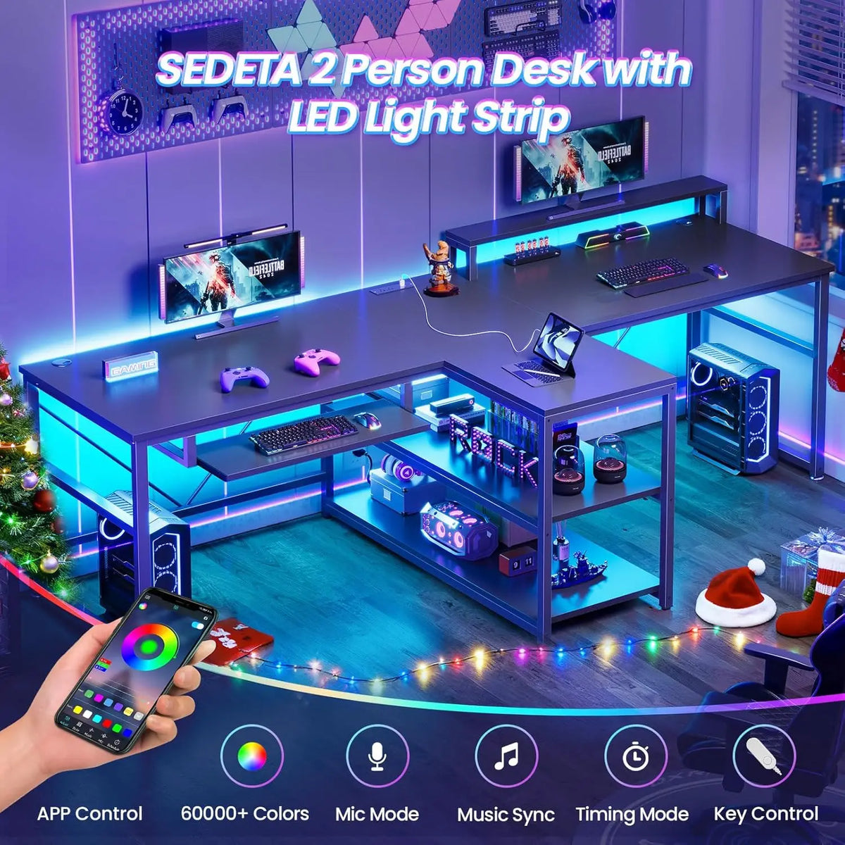 94.5" 2 Person Gaming Desk with Storage Shelves, LED Light, Black | Double T Shaped Office Desk with Keyboard Tray,, Custom