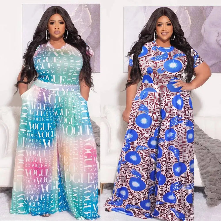 Loose Women's 2025 Summer Wide Leg Pants Letter Printed Short Sleeves Bubble Sleeves Large Size Jumpsuit