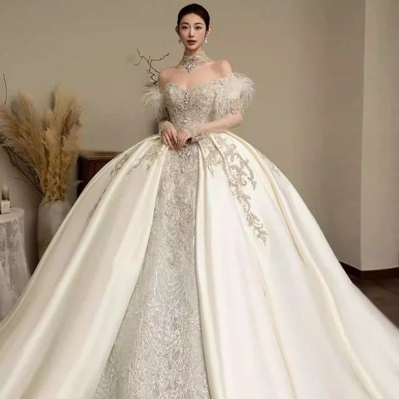 Customized Vestido De Noiva Strapless Sleeveless Wedding Dresses 2025 For Women Beads Sewn Ivory Lace Bride Boho Bridal Gown 096