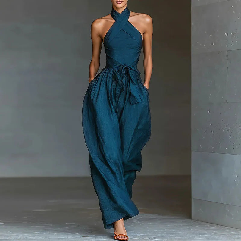 Chic Sexy Ciss Cross Halter Backless Jumpsuit Woman Spring Elegant Solid Tie Waist Romper Summer Hollow Wide Leg Pocket Overalls