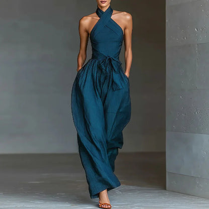 Chic Sexy Ciss Cross Halter Backless Jumpsuit Woman Spring Elegant Solid Tie Waist Romper Summer Hollow Wide Leg Pocket Overalls