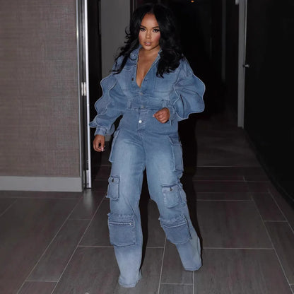 Jumpsuits Women Overalls Denim Spliced Long Sleeve Ruffles Rompers Pockets Streetwear Solid Jumpsuit Straight Pants Jeans Y2k
