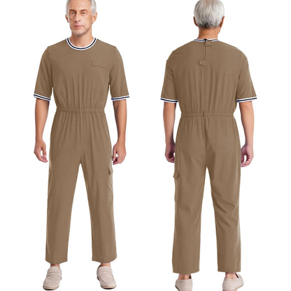 Adult Mens Alzheimer Adaptive Jumpsuit Special Needs Clothing Round Neck Half Sleeve Elastic Waist Zipper Rompers with Pocket
