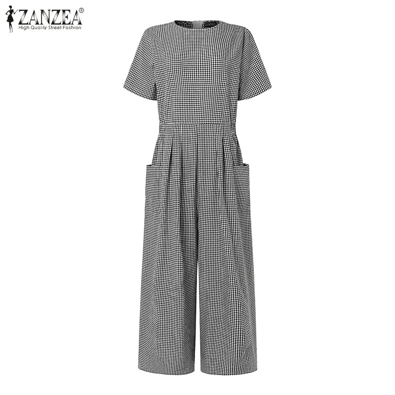 ZANZEA Short Sleeve Checked Wide Leg Overalls Pleated Waist O Neck Loose Casual Gingham Jumpsuits 2024 Fashion Women Long Romper